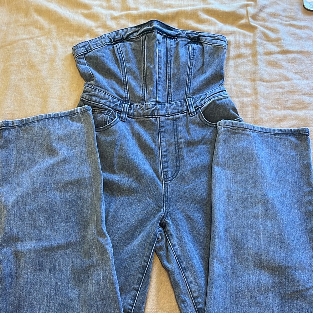 Black Denim Strapless Jumpsuit